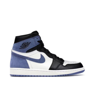 Jordan 1 Retro High Blue Moon. Black, white, and blue high-top sneaker on a white background