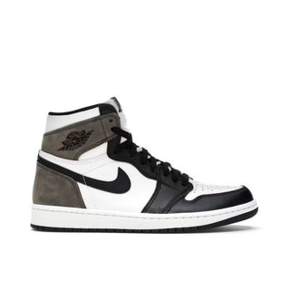 Jordan 1 Retro High Dark Mocha. Black, white, and gray sneaker with a prominent logo on a white background