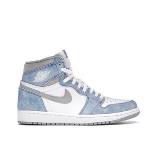 Jordan 1 Retro High Hyper Royal Smoke Grey. Denim and white high-top sneaker with gray accents on a white background