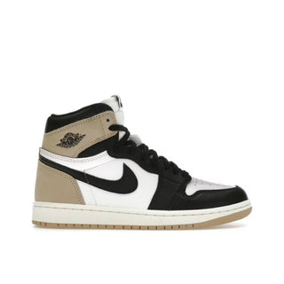 Jordan 1 Retro High OG Latte (W). Black, white, and brown sneaker on a white background.