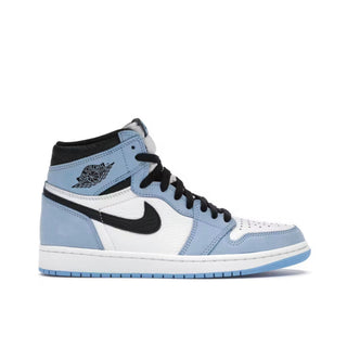 Jordan 1 Retro High OG University Blue . Blue and white sneaker with black accents on a white background