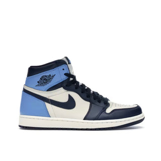 Jordan 1 Retro High Obsidian. Blue and white sneaker with a prominent logo on a white background