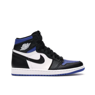 Jordan 1 Retro High Royal Toe. Black, white, and blue sneaker with Nike logo on a white background