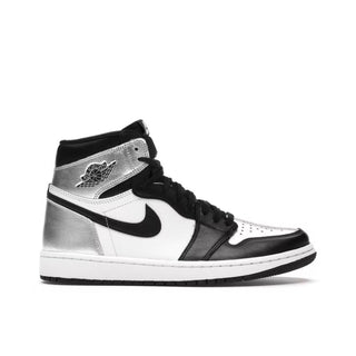 Jordan 1 Retro High Silver Toe (W). Black, white, and silver sneaker on a white background