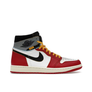 Jordan 1 Retro High Union LA Chicago Shadow. Red and white sneaker with black and yellow accents on a white background