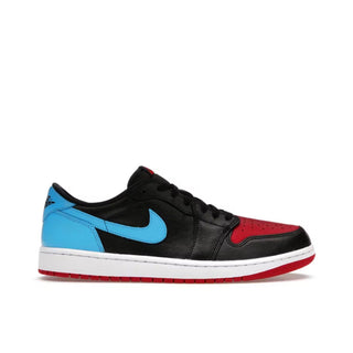 Jordan 1 Retro Low OG NC to Chi (W) . Sneaker with black, blue, and red design on a white background
