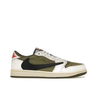 Jordan 1 Retro Low OG Travis Scott Medium Olive. Green and white sneaker with black backwards Nike swoosh logo on a white background