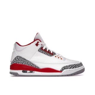 Jordan 3 Retro Cardinal Red. White sneaker with red and gray accents on a white background