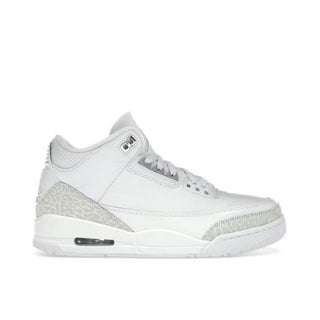 Jordan 3 Retro Pure Money. White sneaker with gray accents on a white background