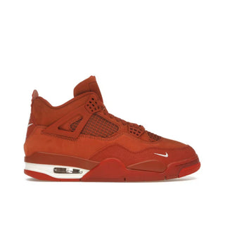 Jordan 4 Retro Brick By Brick. Red sneaker with a white sole on a white background