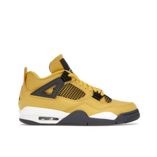Jordan 4 Retro Lightning . Yellow sneaker with black accents on a white background