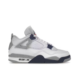Jordan 4 Retro Midnight Navy . White sneaker with gray and blue accents on a white background