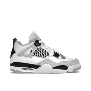 Jordan 4 Retro Military Black. White sneaker with black accents on a white background