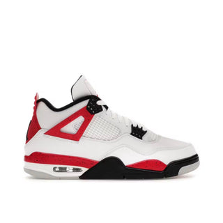 Jordan 4 Retro Red Cement. White sneaker with red and black accents on a white background