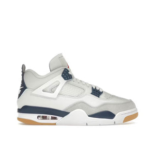 Jordan 4 Retro SB Navy. Gray sneaker with white and blue accents on a white background