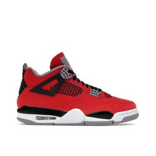 Jordan 4 Retro Toro Bravo. Red sneaker with black and gray accents on a white background