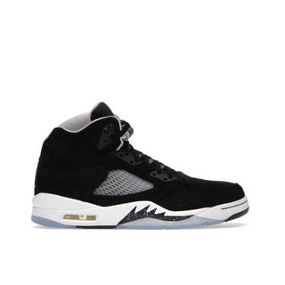 Jordan 5 Retro Moonlight .Black high-top sneaker with white accents on a white background