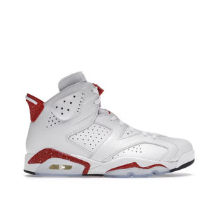 Jordan 6 Retro Carmine. White and red sneaker on a white background
