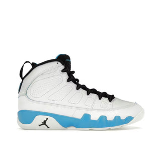 Jordan 9 Retro Powder Blue. White high-top sneaker with blue accents on a white background
