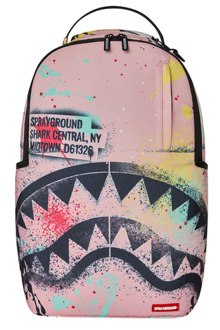 SprayGround Shark Central White Stencil Shark Pink Nylon Backpack